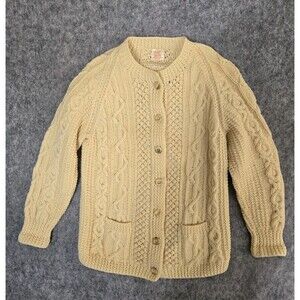 Vtg Cyril Cullen Original Irish 100% Wool Knit Fishermans Cardigan Sweater Large
